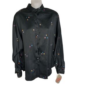 Vtg CEO Women Top Blouse Sz 10 Black Button Front Long Sleeve Geometric Diamonds